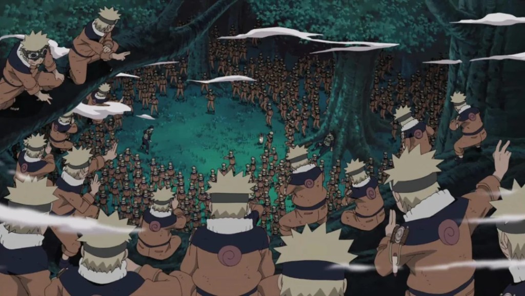 Naruto's shadow clones filling a forest clearing