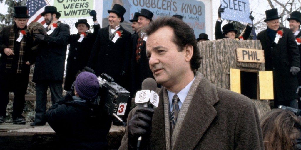 Phil Connors reporting from Gobbler's Knob in Groundhog Day