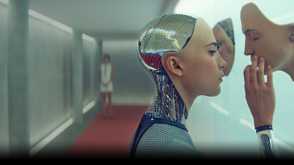 Ava from Ex Machina fitting a face in a white hallway