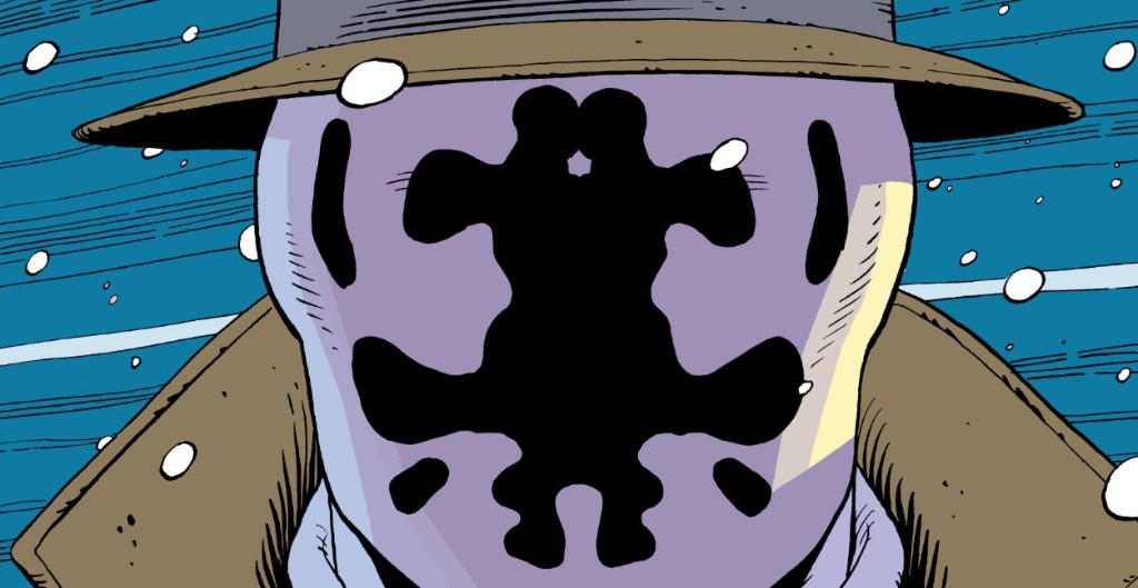 Rorschach from Watchmen, in falling snow